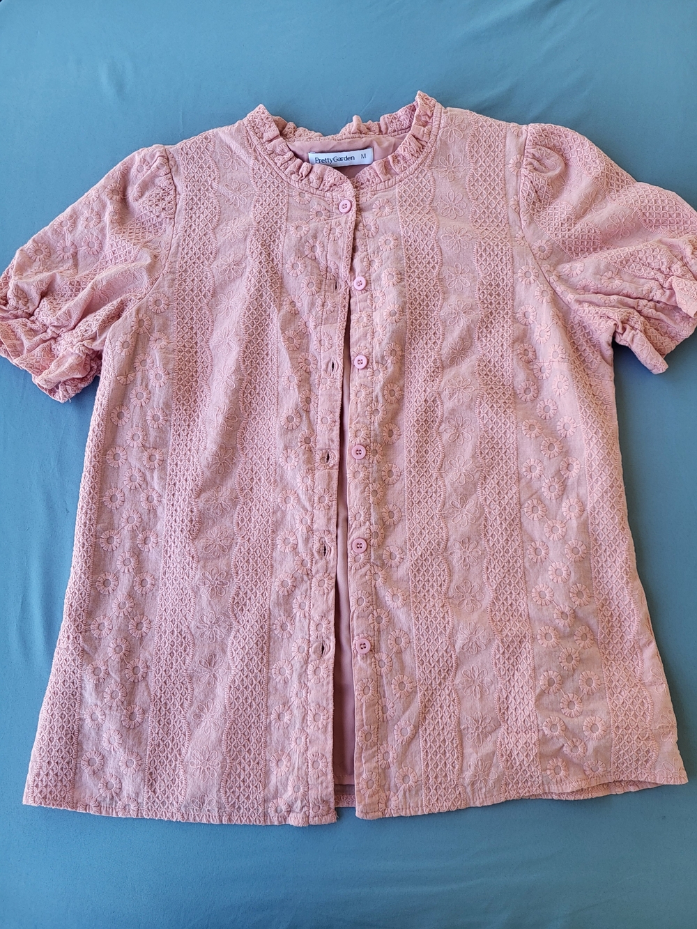 PrettyGarden Pink Eyelet Button-Up Blouse with Puff Sleeves